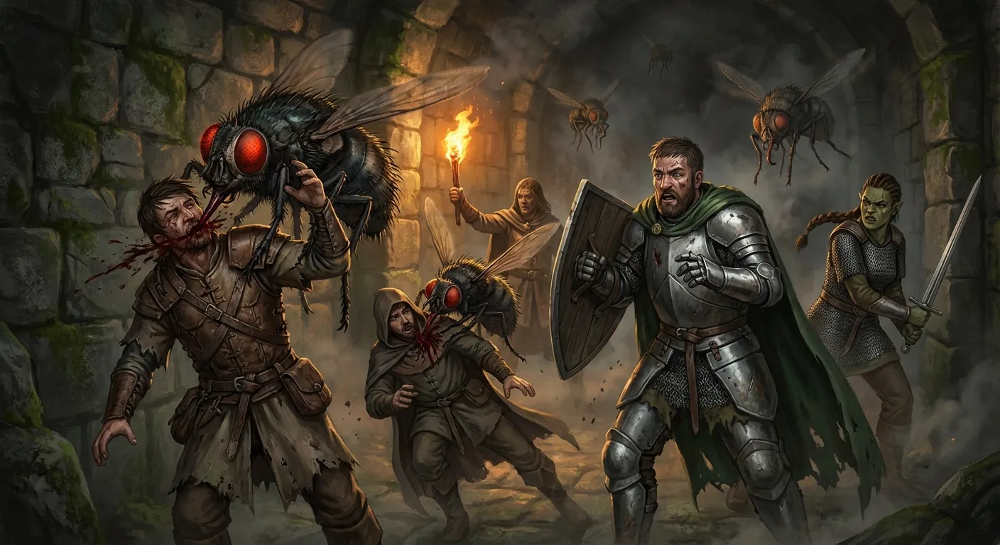 Giant carnivorous flies attack the party in the barrow corridor, killing two henchmen in seconds