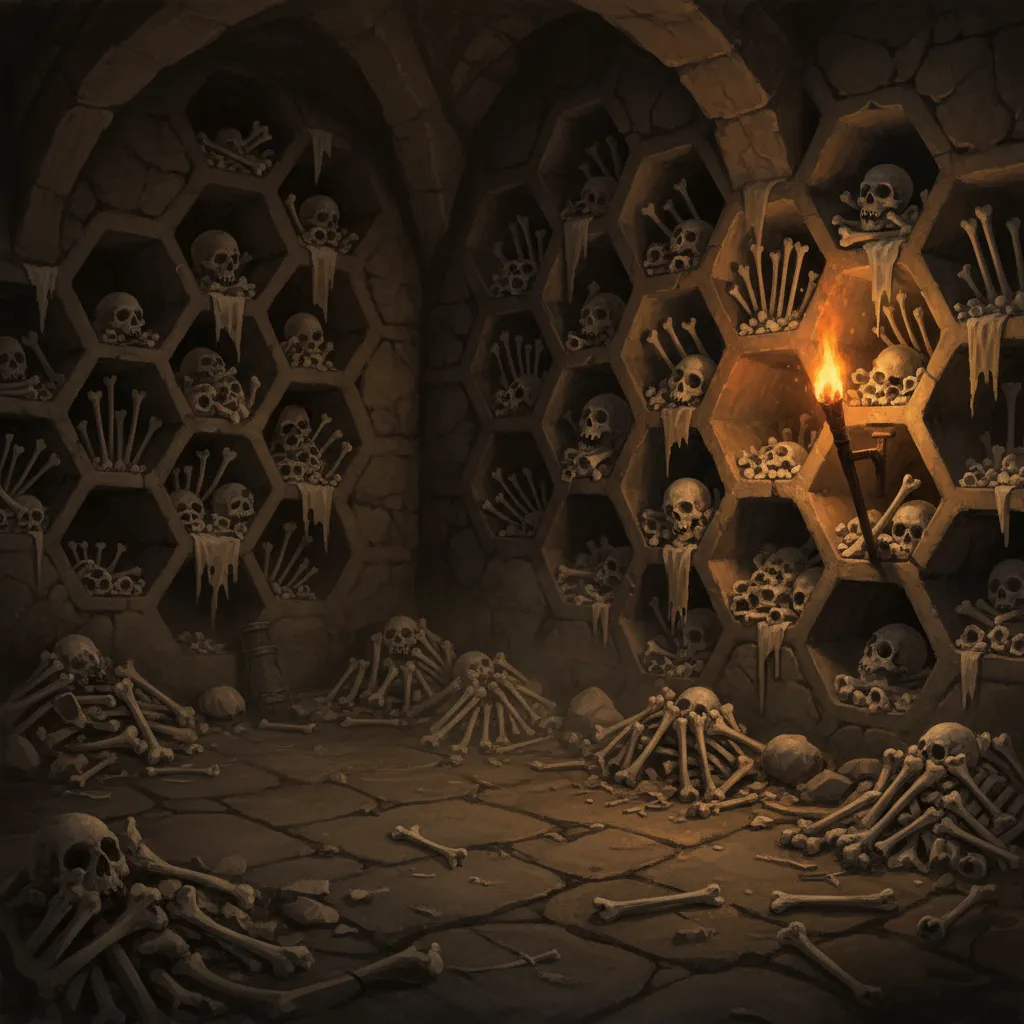 The barrel tomb room, alcoves full of gnawed bones, torchlight casting long shadows