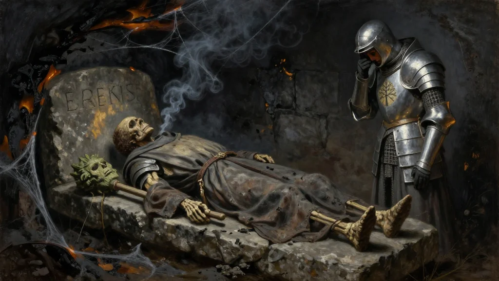 A small smoke-blackened stone burial chamber, webs burned away, walls scorched. On a stone slab lies a charred, near-skeletonized body in the burned remains of clerical robes, both hands clutching a wooden cudgel carved with the face of the Green Man. Above the slab, soot wiped away, a name is cut into the stone. Bancroft, a human cleric in plate, stands at the foot of the slab with his head bowed, stricken. Smoke hangs in the torchlight.